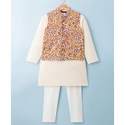 Pine Kids Cotton Woven Full Sleeves Kurta Pyjama Set With Floral Printed Nehru Jacket - Mustard