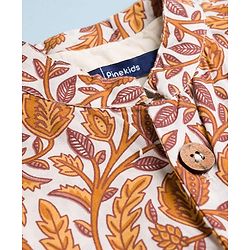 Pine Kids Cotton Woven Full Sleeves Kurta Pyjama Set With Floral Printed Nehru Jacket - Mustard