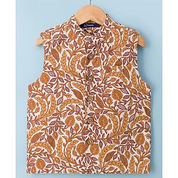 Pine Kids Cotton Woven Full Sleeves Kurta Pyjama Set With Floral Printed Nehru Jacket - Mustard