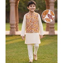 Pine Kids Cotton Woven Full Sleeves Kurta Pyjama Set With Floral Printed Nehru Jacket - Mustard