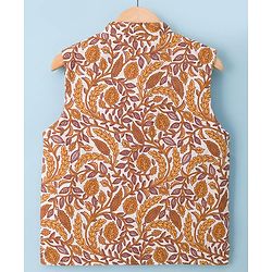Pine Kids Cotton Woven Full Sleeves Kurta Pyjama Set With Floral Printed Nehru Jacket - Mustard