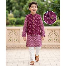 Pine Kids 100% Cotton Knit Full Sleeves Floral Printed Kurta & Pyjama Set With Jacket - Purple