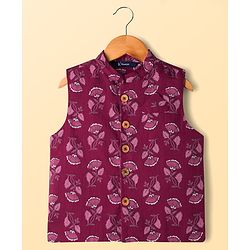 Pine Kids 100% Cotton Knit Full Sleeves Floral Printed Kurta & Pyjama Set With Jacket - Purple