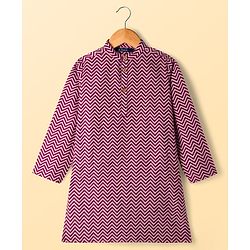 Pine Kids 100% Cotton Knit Full Sleeves Floral Printed Kurta & Pyjama Set With Jacket - Purple