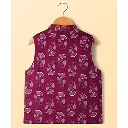 Pine Kids 100% Cotton Knit Full Sleeves Floral Printed Kurta & Pyjama Set With Jacket - Purple