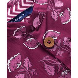 Pine Kids 100% Cotton Knit Full Sleeves Floral Printed Kurta & Pyjama Set With Jacket - Purple