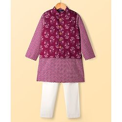 Pine Kids 100% Cotton Knit Full Sleeves Floral Printed Kurta & Pyjama Set With Jacket - Purple