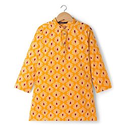 Pine Kids Cotton Woven Full Sleeves Kurta With Floral Print - Rust
