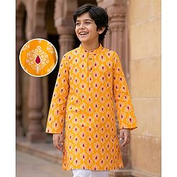 Pine Kids Cotton Woven Full Sleeves Kurta With Floral Print - Rust