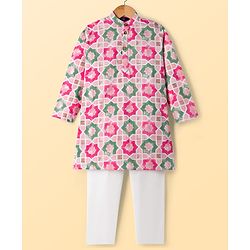 Pine Kids 100% Cotton Woven Full Sleeves Floral Printed Kurta & Pyjama Set - Multicolour