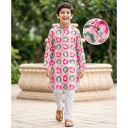 Pine Kids 100% Cotton Woven Full Sleeves Floral Printed Kurta & Pyjama Set - Multicolour