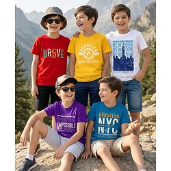 Pine Kids Cotton Knit Half Sleeves Text Printed T-Shirts Pack Of 5 - Multicolour