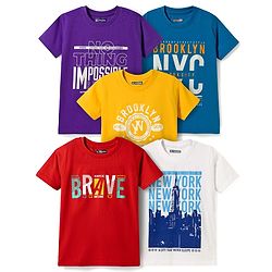 Pine Kids Cotton Knit Half Sleeves Text Printed T-Shirts Pack Of 5 - Multicolour