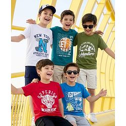 Pine Kids Cotton Knit Half Sleeves Tiger & Text Printed T-Shirts Pack Of 5 - Multicolour