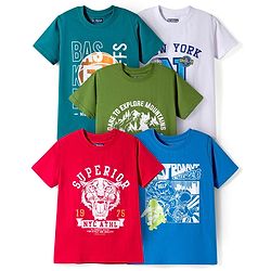 Pine Kids Cotton Knit Half Sleeves Tiger & Text Printed T-Shirts Pack Of 5 - Multicolour