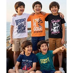 Pine Kids Cotton Knit Half Sleeves Beach Theme & Vehicles Printed T-Shirts Pack of 5 - Multicolour