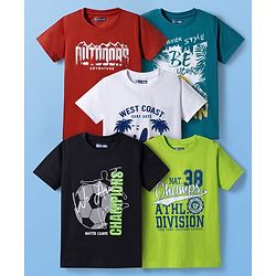 Pine Kids Cotton Knit Half Sleeves Sports Theme Printed T-Shirts Pack Of 5 - Multicolour
