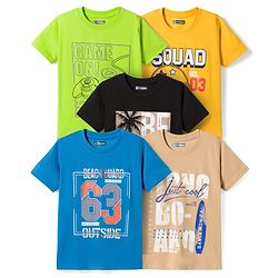 Pine Kids Cotton Knit Half Sleeves beach Theme & Text Printed T-Shirts Pack Of 5 - Multicolour