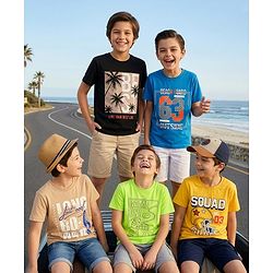 Pine Kids Cotton Knit Half Sleeves beach Theme & Text Printed T-Shirts Pack Of 5 - Multicolour