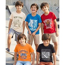 Pine Kids Cotton Knit Half Sleeves Sports & Text Theme Printed T-Shirts Pack Of 5 - Multicolour