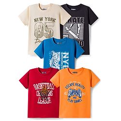 Pine Kids Cotton Knit Half Sleeves Sports & Text Theme Printed T-Shirts Pack Of 5 - Multicolour