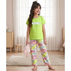Pine Kids Cotton Knit Half Sleeves Top & Pyjama Night Suit With Floral Print - Lime Green