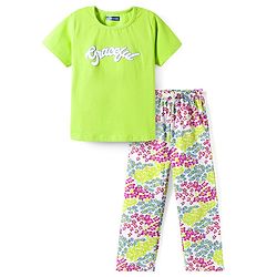 Pine Kids Cotton Knit Half Sleeves Top & Pyjama Night Suit With Floral Print - Lime Green