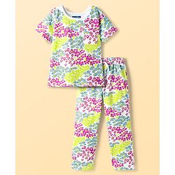 Pine Kids Cotton Knit Half Sleeves Printed Top & Pyjama Co-ord Night Suit - White