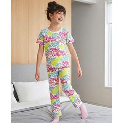 Pine Kids Cotton Knit Half Sleeves Printed Top & Pyjama Co-ord Night Suit - White
