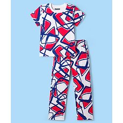 Pine Kids Cotton Knit Half Sleeves Printed Top & Pyjama Co-ord Night Suit - White