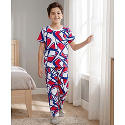 Pine Kids Cotton Knit Half Sleeves Printed Top & Pyjama Co-ord Night Suit - White