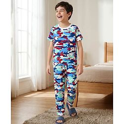 Pine Kids Cotton Knit Half Sleeves T-Shirt & Pyjama Co-ord Night Suit With Floral Print - White