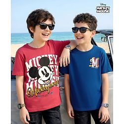 Pine Kids Disney Single Jersey Knit Half Sleeves T-Shirts with Mickey Mouse Graphic Pack of 2 - Navy Blue & Red