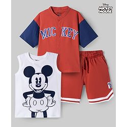 Pine Kids Disney Single Jersey Knit Half Sleeves Shirt T-Shirt & Shorts Set with Mickey Mouse Graphics - Multicolor