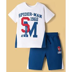 Pine Kids Marvel Single Jersey Knit Half Sleeves T-Shirt & Shorts Set with Spiderman Graphics - White & Blue