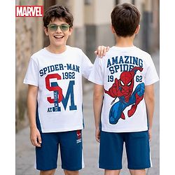 Pine Kids Marvel Single Jersey Knit Half Sleeves T-Shirt & Shorts Set with Spiderman Graphics - White & Blue