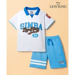 Pine Kids Disney Single Jersey Knit Raglan Half Sleeves Polo T-Shirt with Lion King Graphics - White & Blue