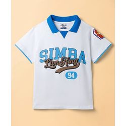Pine Kids Disney Single Jersey Knit Raglan Half Sleeves Polo T-Shirt with Lion King Graphics - White & Blue