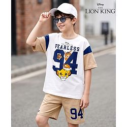 Pine Kids Disney Single Jersey Knit Drop Shoulder Half Sleeves T-Shirt & Shorts Set with Lion King Graphics - White & Beige