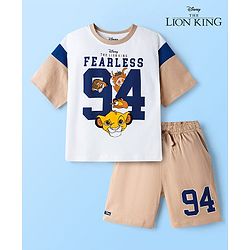 Pine Kids Disney Single Jersey Knit Drop Shoulder Half Sleeves T-Shirt & Shorts Set with Lion King Graphics - White & Beige