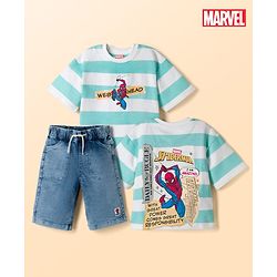 Pine Kids Marvel Terry Knit Half Sleeves T-Shirt & Denim Shorts Set With Front & Back Spider Man Print - Multicolor