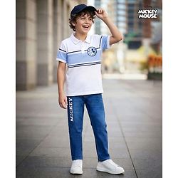 Pine Kids Disney Single Jersey Knit Half Sleeves Polo T-Shirt & Jeans Set With Mickey Mouse Graphics & Badge Detailing - Multicolor