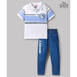 Pine Kids Disney Single Jersey Knit Half Sleeves Polo T-Shirt & Jeans Set With Mickey Mouse Graphics & Badge Detailing - Multicolor