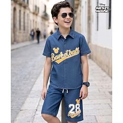 Pine Kids Disney Denim Half Sleeves Shirt & Shorts Set With Mickey Mouse Graphics - Blue
