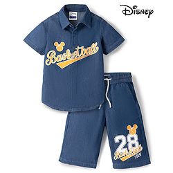 Pine Kids Disney Denim Half Sleeves Shirt & Shorts Set With Mickey Mouse Graphics - Blue
