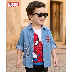 Pine Kids Marvel 100% Cotton Knit Full Sleeves Denim Shirt & Sleeveless Tank T-Shirt With Spider Man Graphics & Badge Detailing  - Multicolour