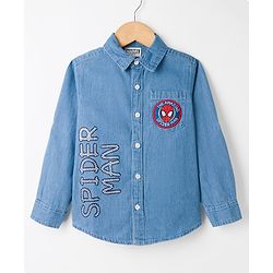 Pine Kids Marvel 100% Cotton Knit Full Sleeves Denim Shirt & Sleeveless Tank T-Shirt With Spider Man Graphics & Badge Detailing  - Multicolour