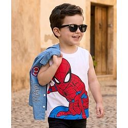 Pine Kids Marvel 100% Cotton Knit Full Sleeves Denim Shirt & Sleeveless Tank T-Shirt With Spider Man Graphics & Badge Detailing  - Multicolour