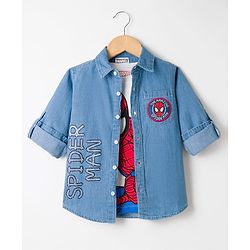 Pine Kids Marvel 100% Cotton Knit Full Sleeves Denim Shirt & Sleeveless Tank T-Shirt With Spider Man Graphics & Badge Detailing  - Multicolour