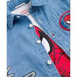 Pine Kids Marvel 100% Cotton Knit Full Sleeves Denim Shirt & Sleeveless Tank T-Shirt With Spider Man Graphics & Badge Detailing  - Multicolour